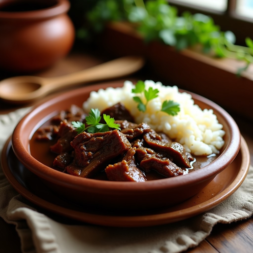 Plato hondo de barro con carne mechada de res desmenuzada bañada en una salsa oscura y espesa de cacao, acompañada de arroz blanco y cilantro fresco. Receta colombiana en olla lenta.