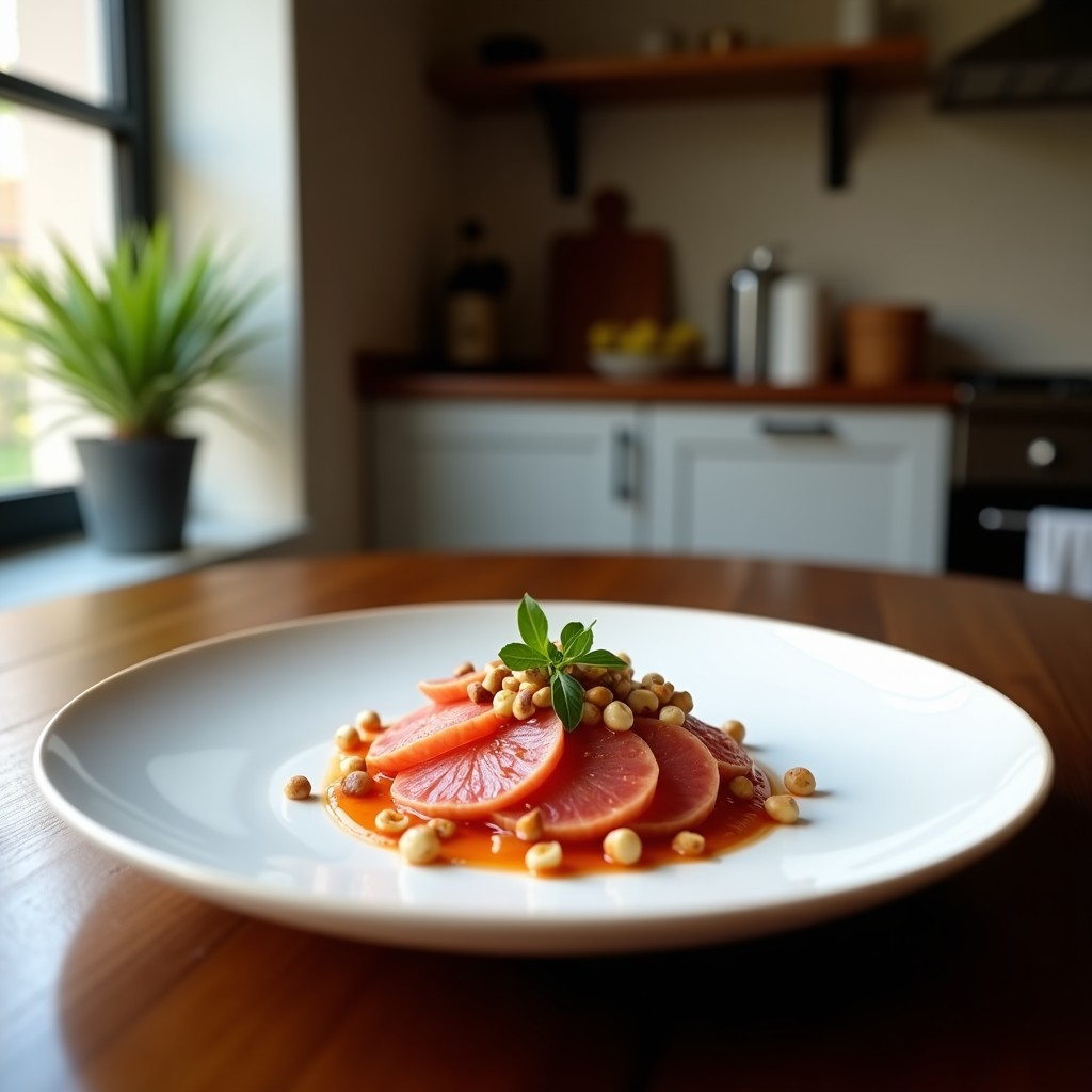 Plato blanco ovalado con carpaccio de betabel en láminas finas y rojizas, cubierto con queso de cabra en rodajas, nueces pecanas tostadas, rúcula baby y un hilo de aliño dorado de miel y vinagre balsámico. Decorado con sal en escamas y una rama de tomillo fresco.