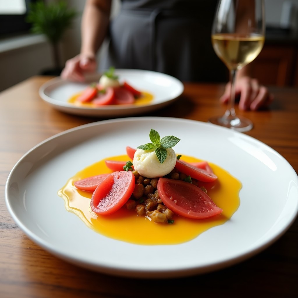 Plato blanco alargado con láminas finas de remolacha morada y amarilla en abanico, trozos de queso de cabra desmenuzado, reducción brillante de vinagre de frambuesa y hojas de microvegetales, servido como entrante francés sin cocción.