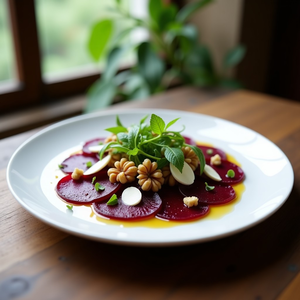 Plato blanco ovalado con carpaccio de remolacha en láminas finas y superpuestas, cubierto de queso de castañas cremoso, nueces tostadas picadas y hojas de rúcula. Decorado con un hilo de aceite de oliva y vinagre balsámico, sobre fondo rústico de madera clara.