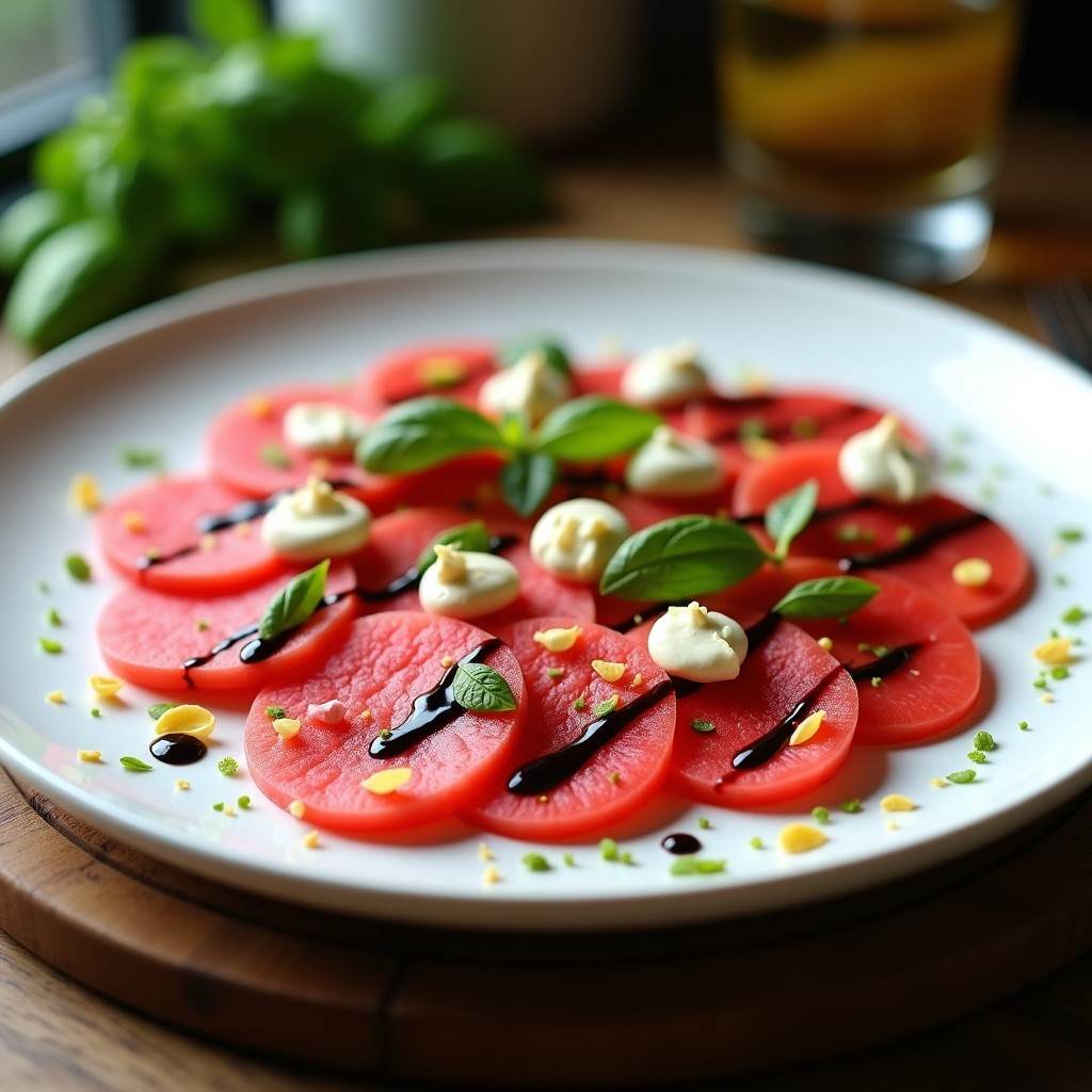 Carpaccio de Sandía y Queso de Almendras con Vinagreta de Albahaca: Receta Vegana Italiana Refrescante