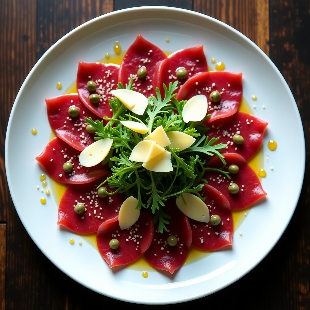 Carpaccio de ternera italiano con rúcula fresca y parmesano en un plato elegante