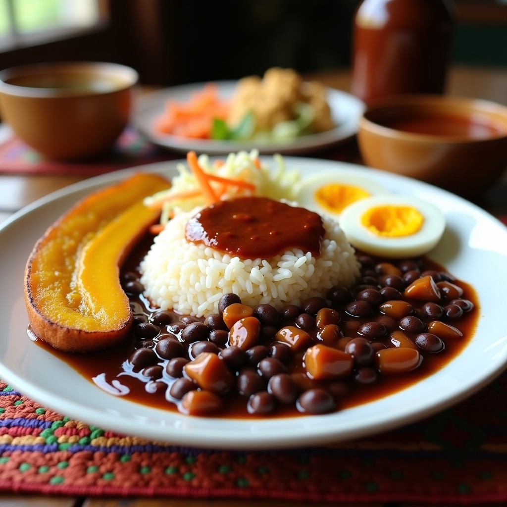 Plato hondo con casado costarricense completo: arroz blanco, frijoles negros con salsa Lizano, pollo desmenuzado, plátano macho frito dorado, ensalada de repollo morado y zanahoria, huevo frito y queso fresco desmenuzado, todo bañado con salsa Lizano.