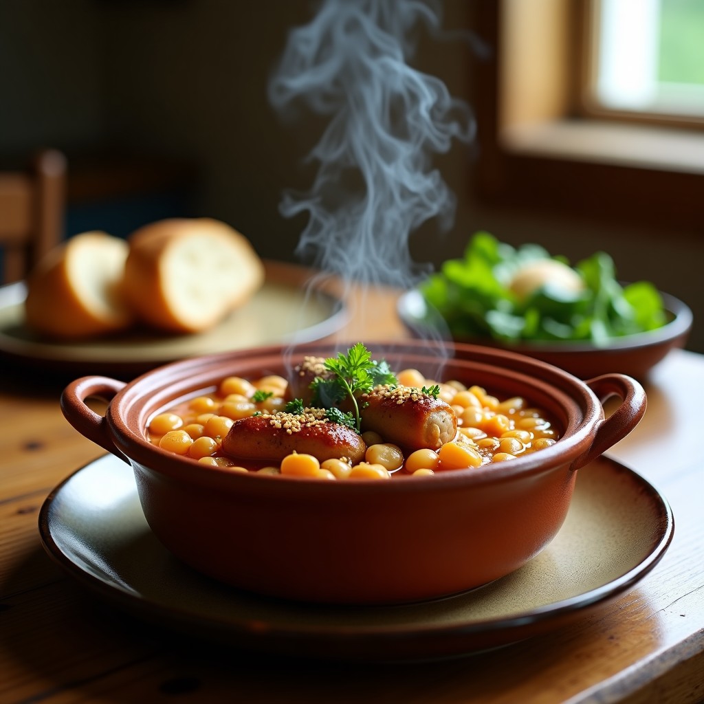 Cazuela de barro humeante con cassoulet vegano de alubias blancas cremosas, salchichas de seitán doradas y costra crujiente de pan rallado y nueces, servido en mesa rústica con hierbas frescas.