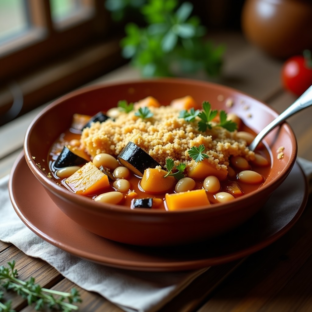 Cassoulet vegano de frijoles blancos y berenjena en cazuela de barro, con costra dorada de pan rallado y hierbas provenzales, servido en plato rústico de cerámica. Receta francesa en olla exprés.
