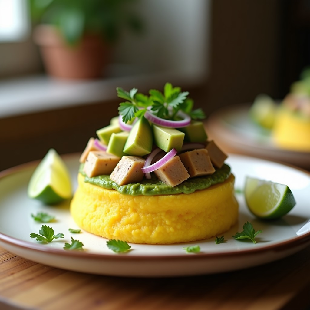 Causa Rellena de Atún y Aguacate con Ají Amarillo en Thermomix: capas perfectas de puré de papa amarilla, relleno cremoso de atún, aguacate y huevo, decorado con cilantro y rodajas de limón sobre un plato blanco rústico.