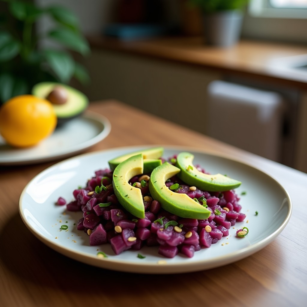 Plato rectangular de Causa Limeña de Camote Morado keto con capas visibles de puré morado, palta cremosa, cebolla roja y crema de ají amarillo, decorado con cilantro y semillas de sésamo.