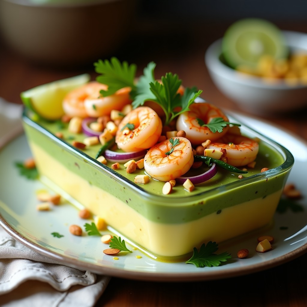 Causa rellena peruana keto en molde rectangular con capas visibles de puré de coliflor amarillento, aguacate cremoso verde y langostinos al ajillo rosados con trozos de cebolla morada y huevo duro, decorada con almendras fileteadas y cilantro fresco, servida fría con rodaja de lima al lado.