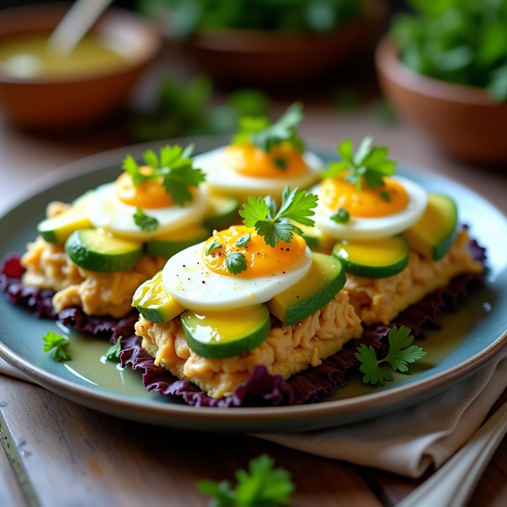 Plato rectangular de causa rellena de pollo y palta keto sin gluten, con capas visibles de yuca amarilla, pollo desmenuzado en vinagreta de ají amarillo, palta cremosa y huevo duro. Decorada con cilantro fresco y aceite de oliva, servida sobre hojas de lechuga morada.