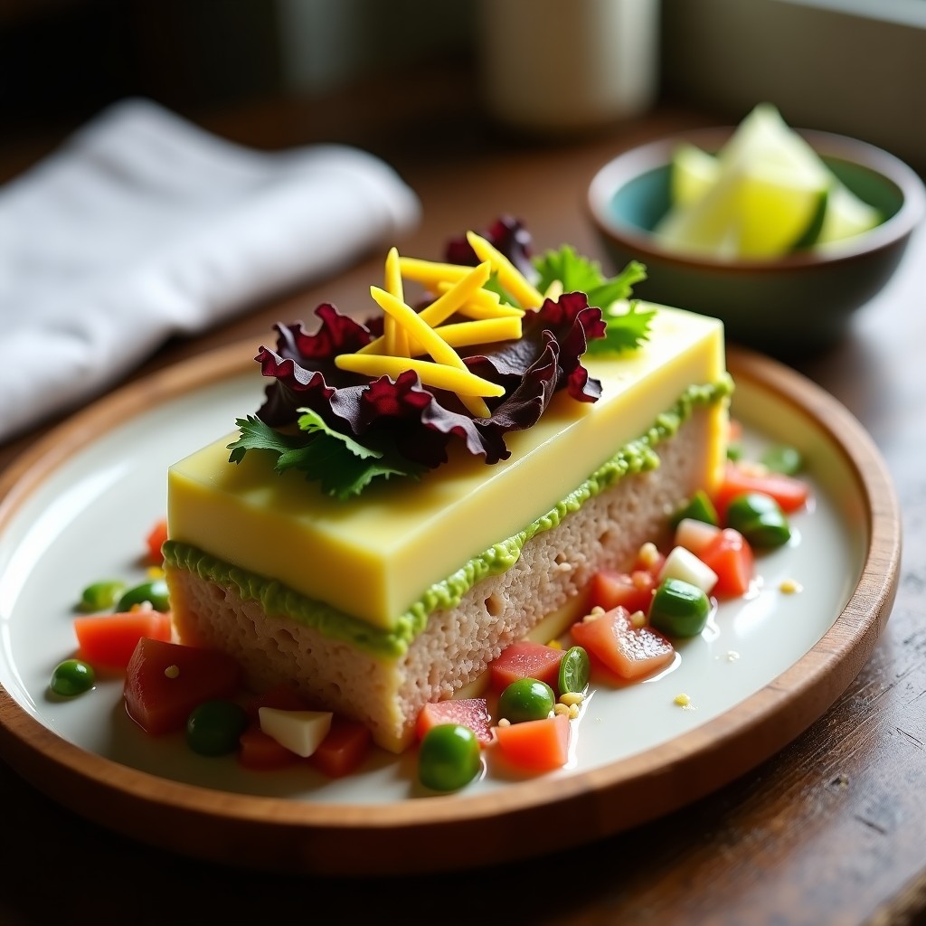 Causa de yuca con relleno de atún y aguacate en molde rectangular, capas visibles de puré de yuca amarillo, mezcla de atún con cebolla morada y tomate, y crema de aguacate verde, decorada con hojas de lechuga morada y ají amarillo en tiras. Receta peruana sin gluten.