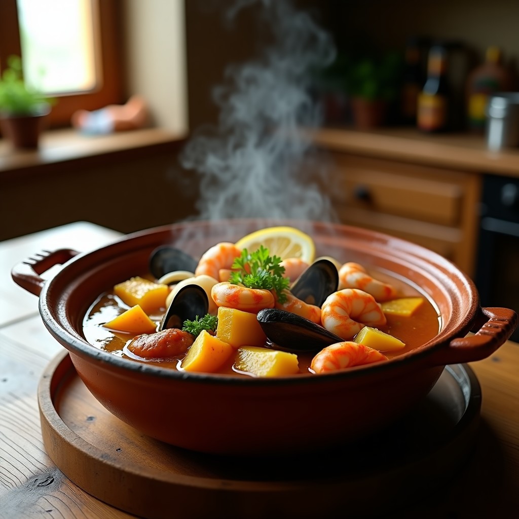 Olla de barro con cazuela chilena de mariscos humeante, repleta de mejillones, almejas, camarones y calamares en un caldo dorado con cerveza, acompañada de papa y zapallo. Platón rústico con cilantro fresco y gajos de limón al lado.