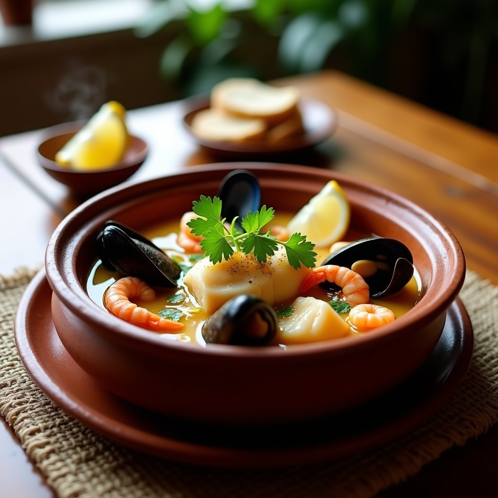 Cazuela chilena de mariscos servida en plato hondo de barro, con trozos de reineta, almejas, mejillones y camarones en caldo dorado, acompañada de perejil fresco y rodajas de limón.