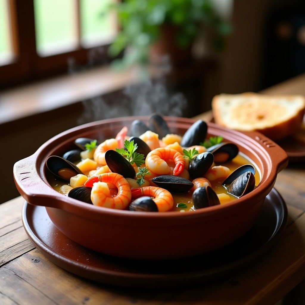 Cazuela de barro humeante llena de mariscos cocidos: mejillones, almejas, gambas y calamares, con un caldo dorado y hierbas frescas, receta tradicional gallega.