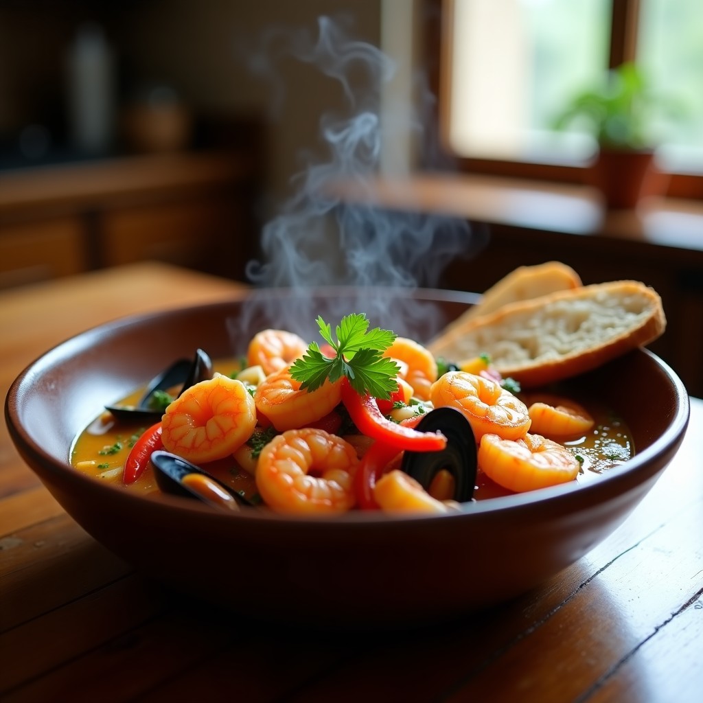 Cazuela de marisco fugaz en Thermomix con gambas, mejillones y calamares en un caldo aromático, servida en cuenco hondo con perejil fresco.