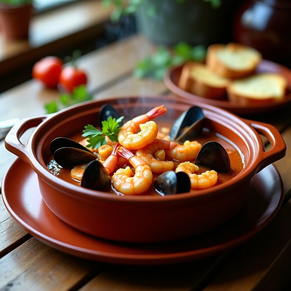 Cazuela de barro humeante llena de cazuela de marisco gallego express con gambas, mejillones y almejas, rodeada de rebanadas de pan rústico y perejil fresco.