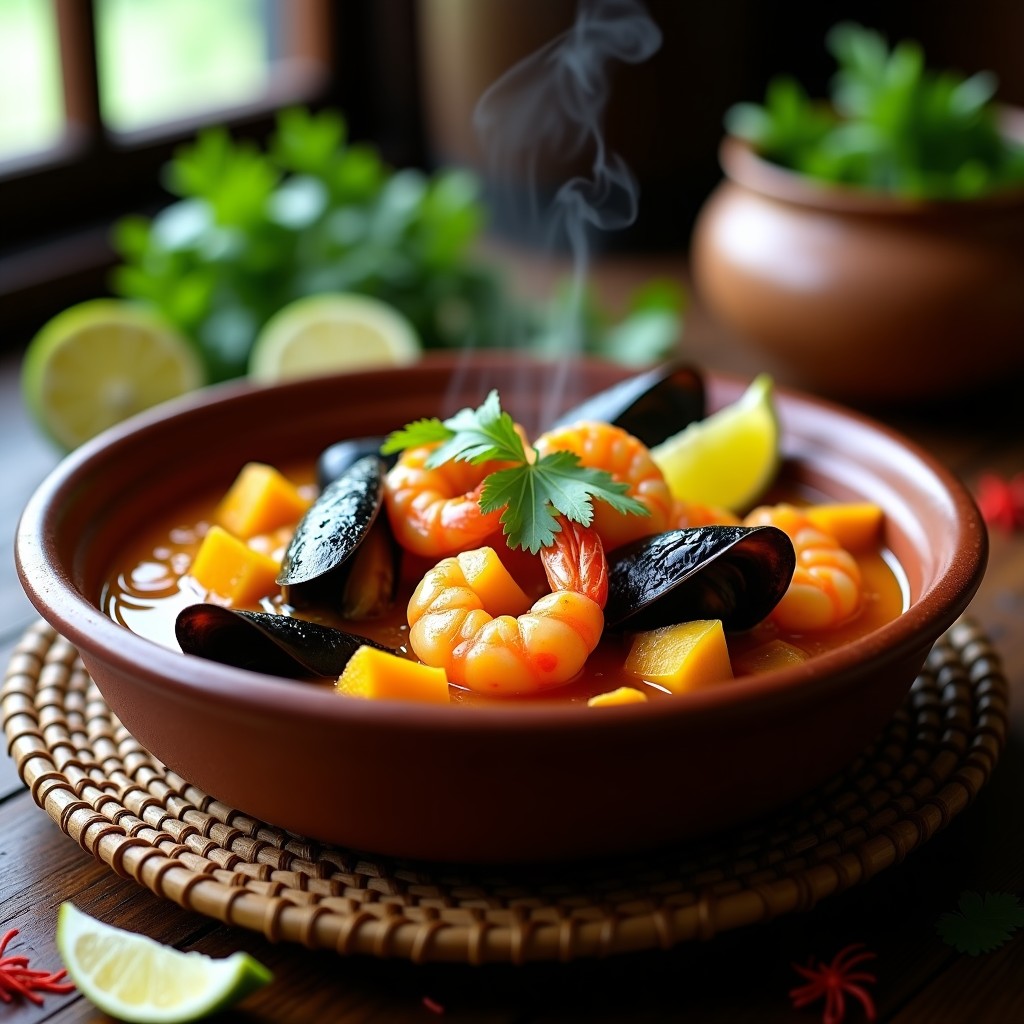 Cazuela de mariscos con azafrán y ñame servida en cuenco de barro, con gambas rosadas, mejillones abiertos, cubos de ñame dorados y cilantro fresco. Plato vibrante con tonos amarillos del azafrán y verde del cilantro, fondo de madera rústica.