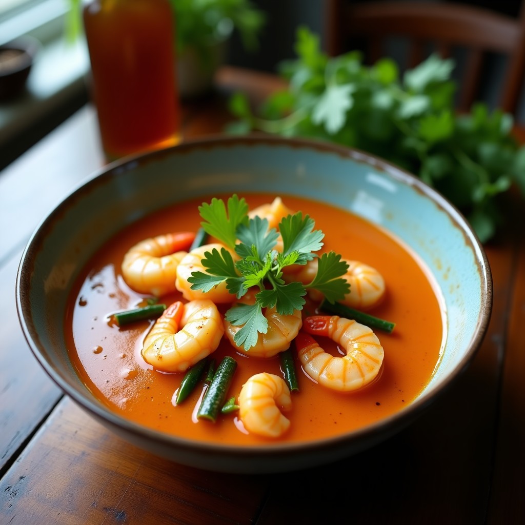 Cazuela de barro humeante con mariscos variados (mejillones, gambas y calamares) bañados en una salsa cremosa de leche de coco y cilantro fresco, receta tailandesa rápida y saludable.