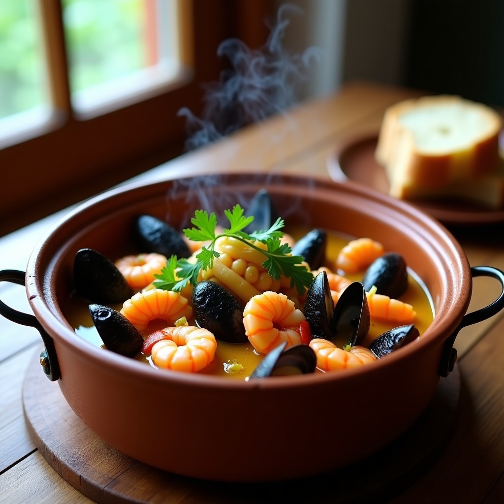 Cazuela de barro humeante con caldo dorado repleto de mejillones abiertos, gambas rosadas, anillos de calamares y trozos de hinojo. Decorada con perejil fresco y servida con pan rústico al lado. Receta costera española de cazuela de mariscos y hinojo en olla exprés.
