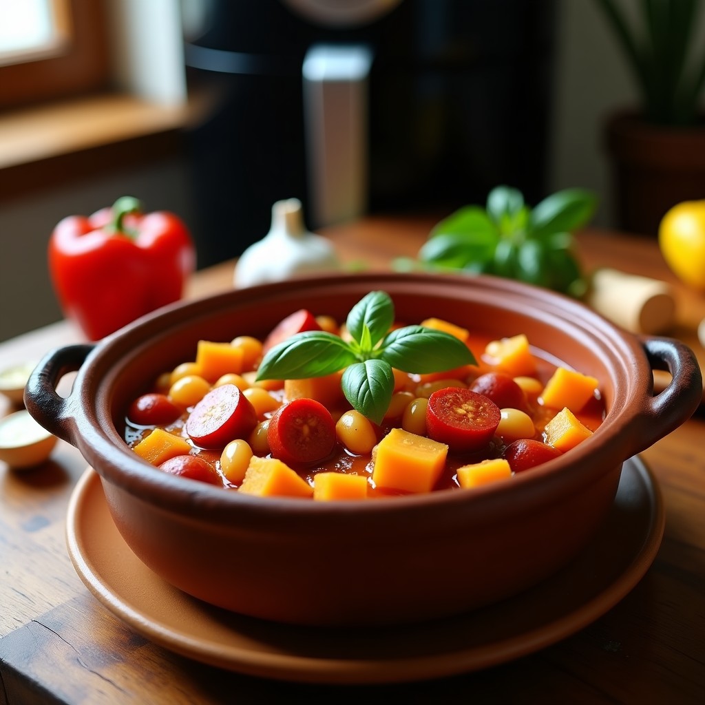 Cazuela chilena de porotos granados en recipiente de barro, con rodajas de chorizo colorado, cubos de zapallo italiano y hierbas frescas, servida en airfryer sobre mesa rústica de madera.