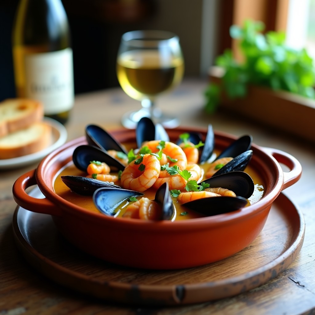 Cazuela de barro humeante con cazuelita de marisco gallego, mejillones y almejas abiertos, gambas rosadas y caldo dorado con perejil, servida en mesa rústica con pan.