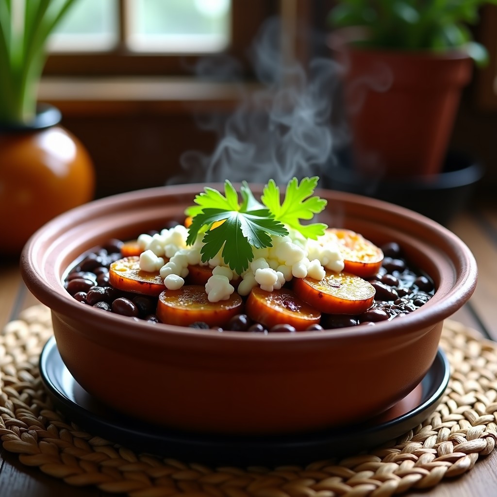 Cazuelita humeante de frijoles negros espesos con rodajas doradas de plátano maduro caramelizado y queso fresco desmenuzado, decorada con cilantro fresco. Receta colombiana en olla express.