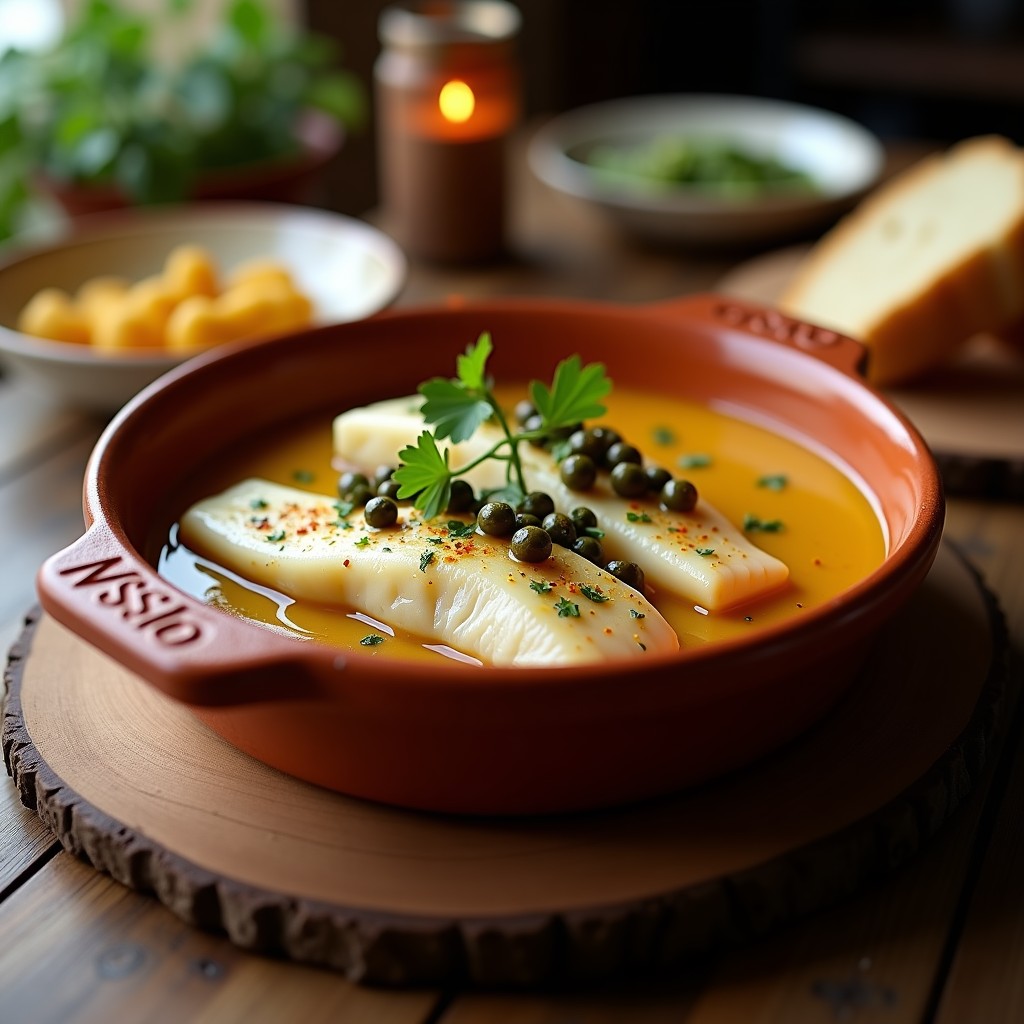 Cazuelita de barro humeante con filetes de merluza al pil-pil, bañados en una salsa emulsionada dorada con hebras de azafrán y alcaparras. Acompañada de perejil fresco picado y un hilo de aceite de oliva virgen extra, sobre un mantel rústico de lino.