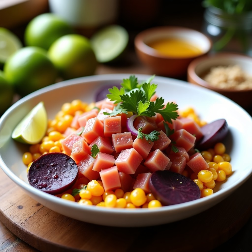 Plato hondo con cebiche de atún rojo en cubos, marinado en cítricos, acompañado de camote morado, maíz tostado y cilantro fresco. Receta peruana en airfryer.
