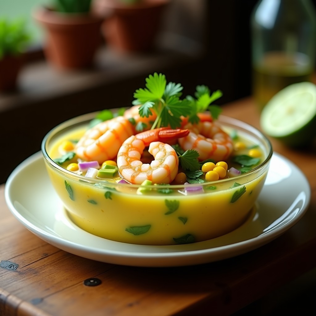 Copa de cristal transparente con cebiche de camarón con lulo, rodajas de cebolla morada, aguacate en cubos y granos de maíz, decorado con hojas de cilantro fresco.