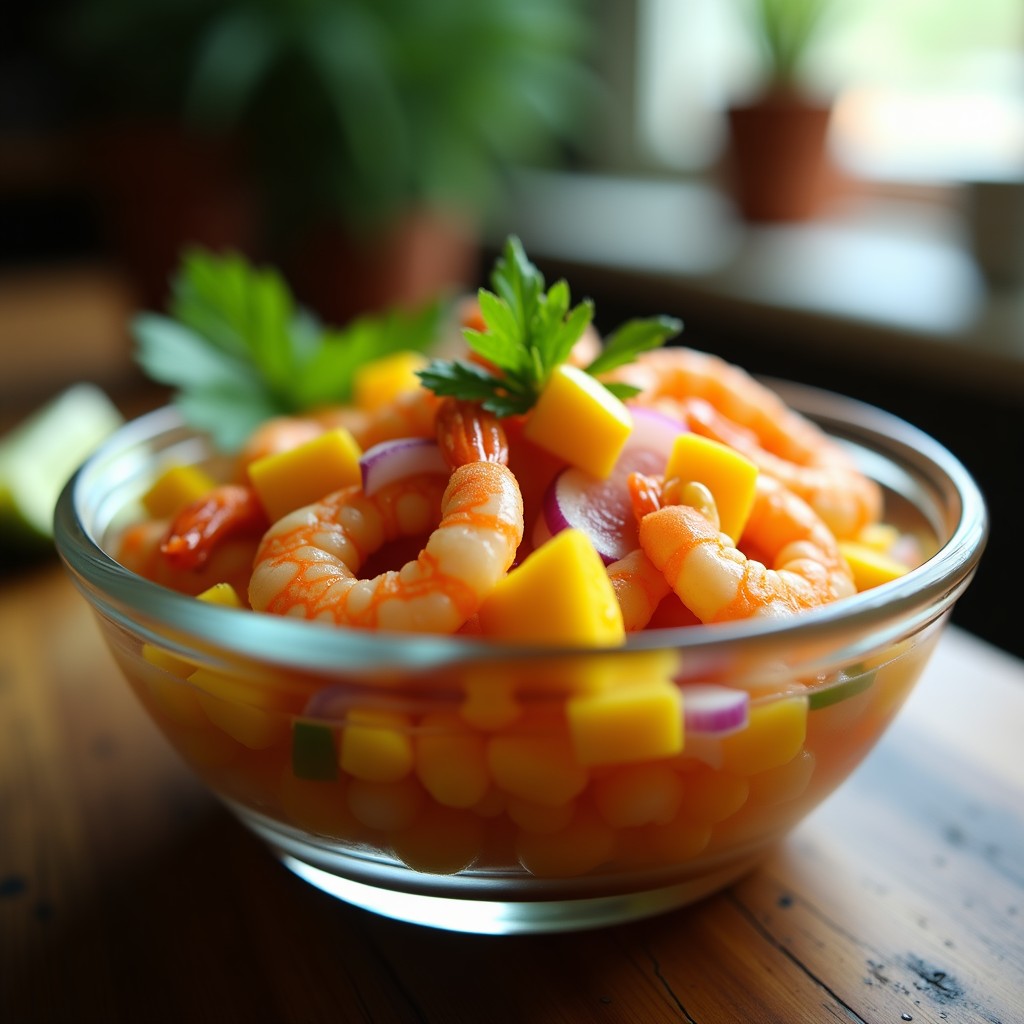 Copa de cristal transparente con cebiche de camarón y mango en airfryer, camarones rosados marinados, cubos de mango amarillo, cebolla morada y cilantro fresco, decorado con granos de maíz y aceite de oliva, fondo de madera rústica.