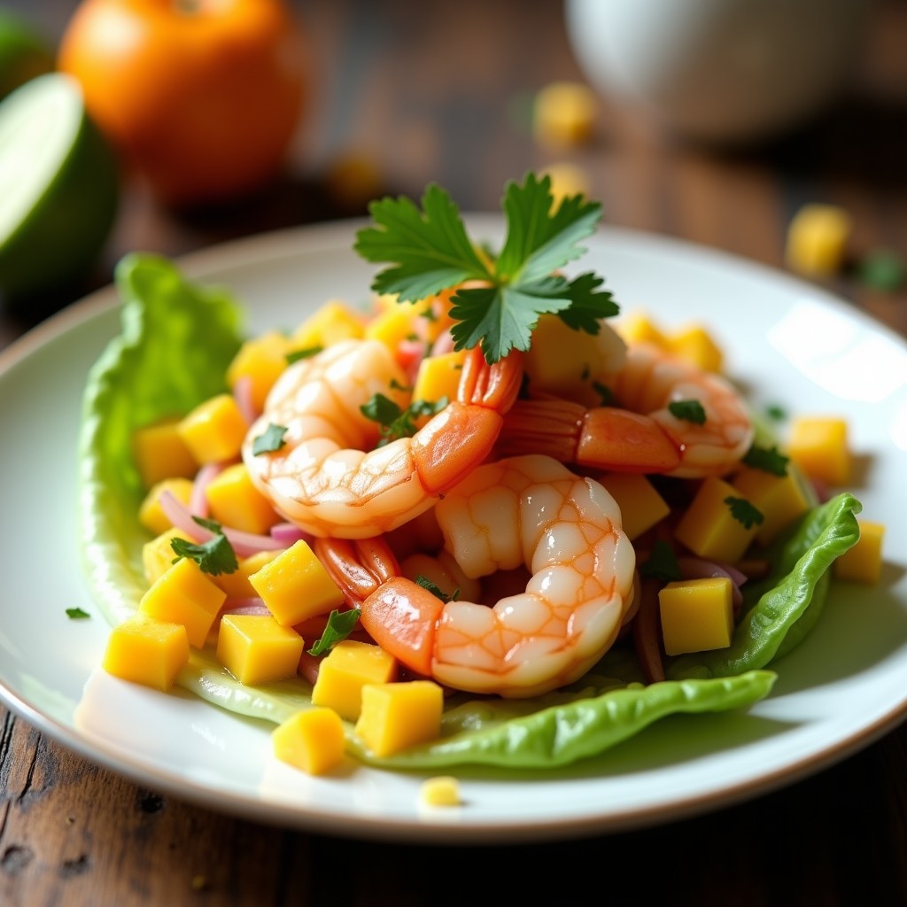 Plato blanco con cebiche de camarón fresco, trozos de mango amarillo y cebolla morada, decorado con cilantro y acompañado de cancha serrana y hojas de lechuga.