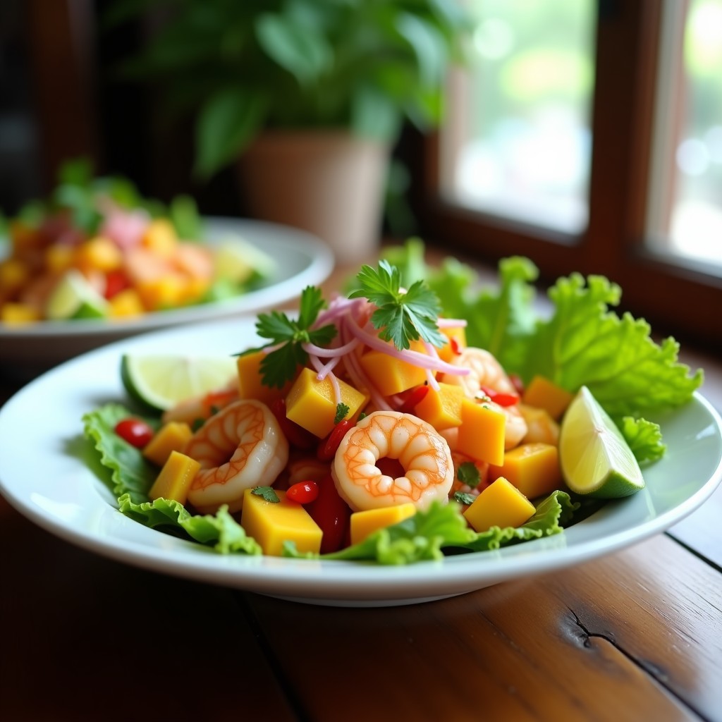 Plato hondo de cerámica blanca con cebiche de camarón con mango y piquillo, servido sobre hojas de lechuga y decorado con rodajas de limón verde y cilantro fresco.