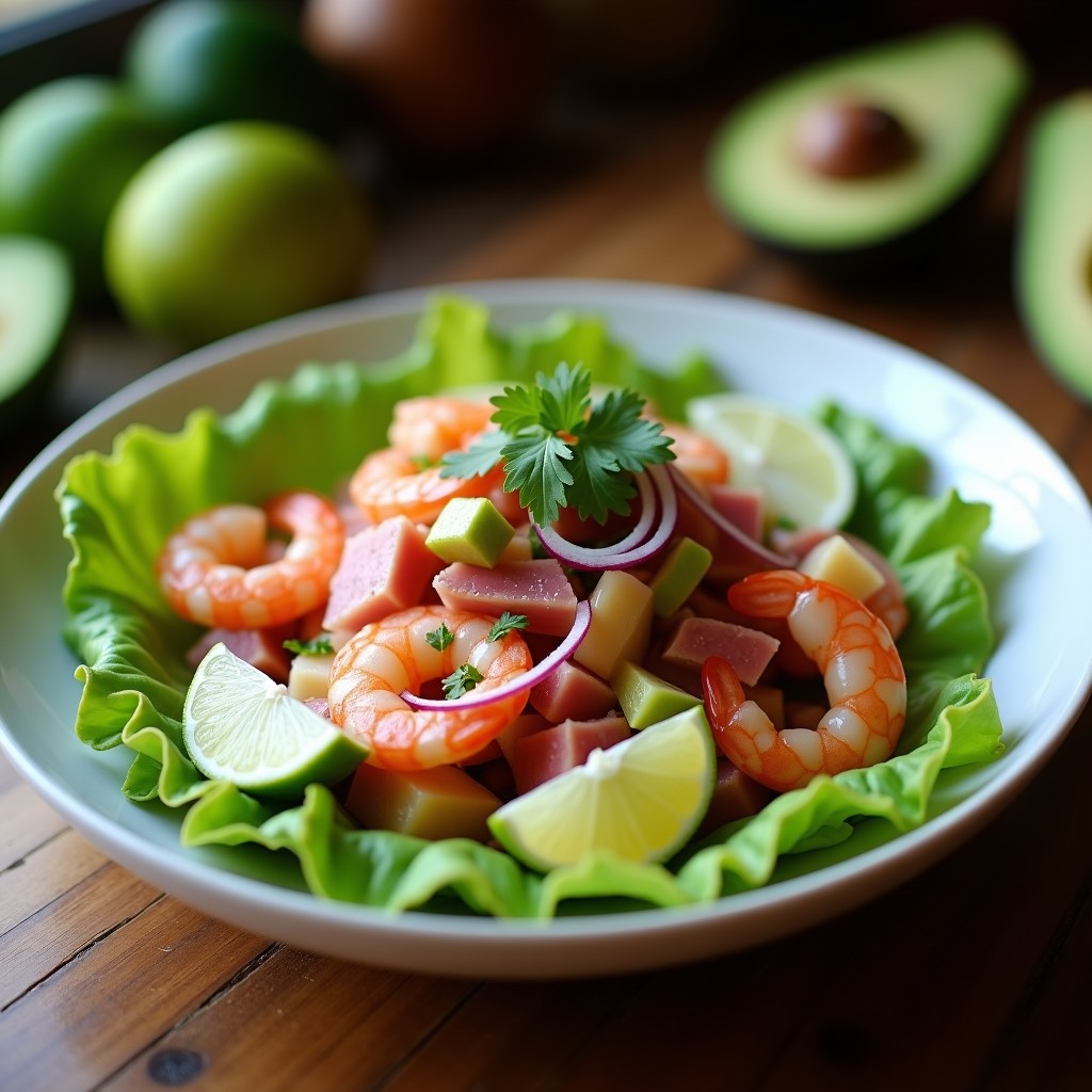 Plato de cebiche peruano con camarones, atún fresco, aguacate en cubos y cebolla morada, decorado con cilantro y ají limo sobre hoja de lechuga.