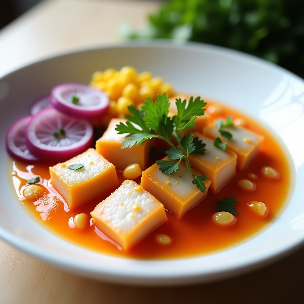 Plato blanco con ceviche de pescado blanco marinado en camu camu y limón, acompañado de rodajas de camote morado y granos de maíz amarillo, decorado con cilantro fresco.