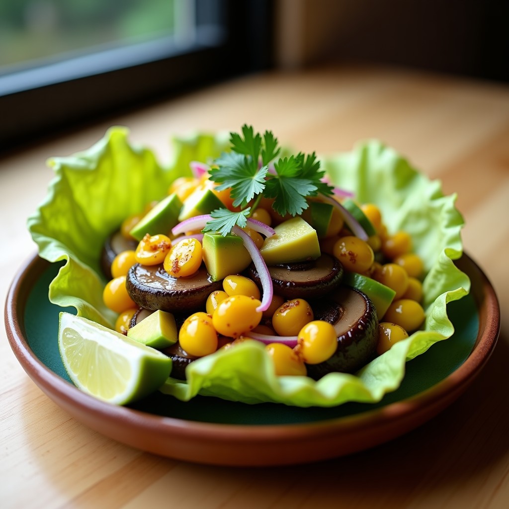 Plato de cebiche vegano de champiñones portobello marinados en ají amarillo y limón, con aguacate, cebolla roja y maíz tostado, servido en hoja de lechuga.