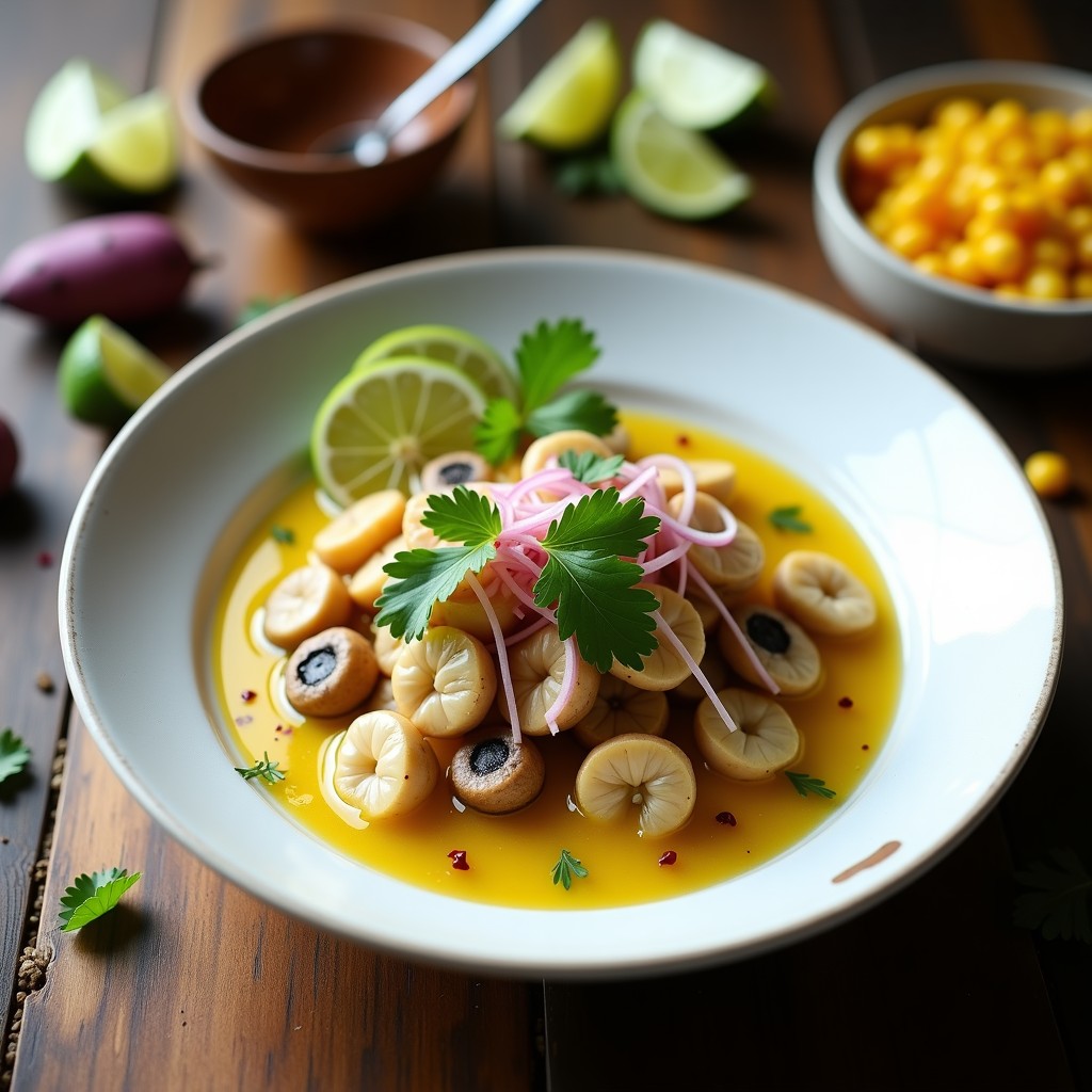 Cebiche vegano de champiñones shimeji en plato hondo blanco, bañado en leche de tigre amarilla, acompañado de maíz tostado y batata morada, con culantro fresco.