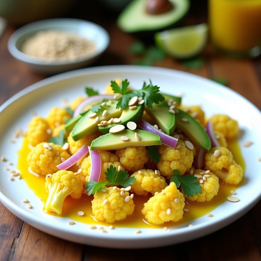 Cebiche de coliflor vegano con cúrcuma y limón, servido en plato blanco con aguacate, almendras y semillas de sésamo.