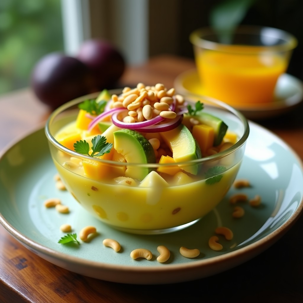 Copa de cristal transparente con cebiche colombiano de palmito y mango, decorado con anacardos tostados y cilantro fresco sobre fondo rústico de madera.