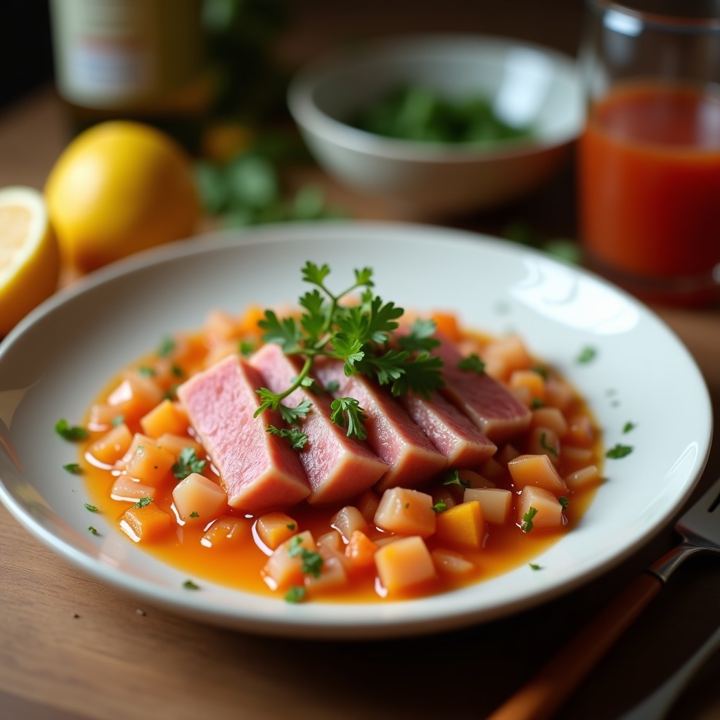 Plato de cebiche de atún rojo express con cubos de pescado rosado marinado en limón, acompañados de rodajas de camote morado, maíz tierno y cilantro fresco, sobre un fondo rústico.