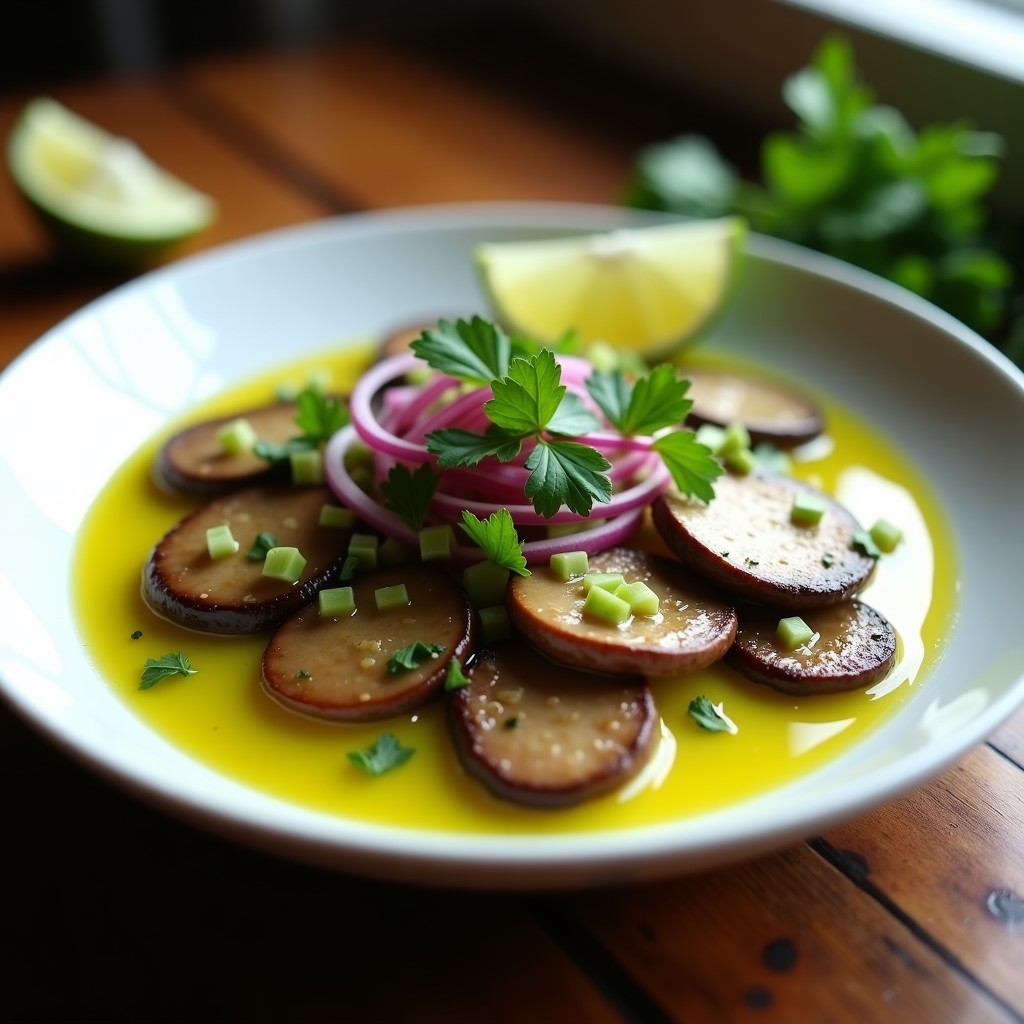 Plato de cebiche de champiñones al ajillo con láminas de portobello marinadas en leche de tigre, cebolla roja en juliana, apio picado y cilantro fresco, servido en un bol de cerámica blanca sobre fondo rústico.