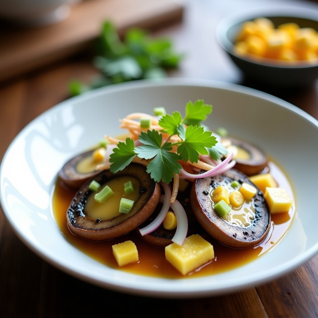 Plato hondo de cerámica blanca con cebiche de champiñones portobello trufado, rodajas gruesas de champiñón marinadas en limón y trufa, decorado con cebolla morada, cilantro, apio y maíz tostado crujiente. Aguacate en cubos al lado.