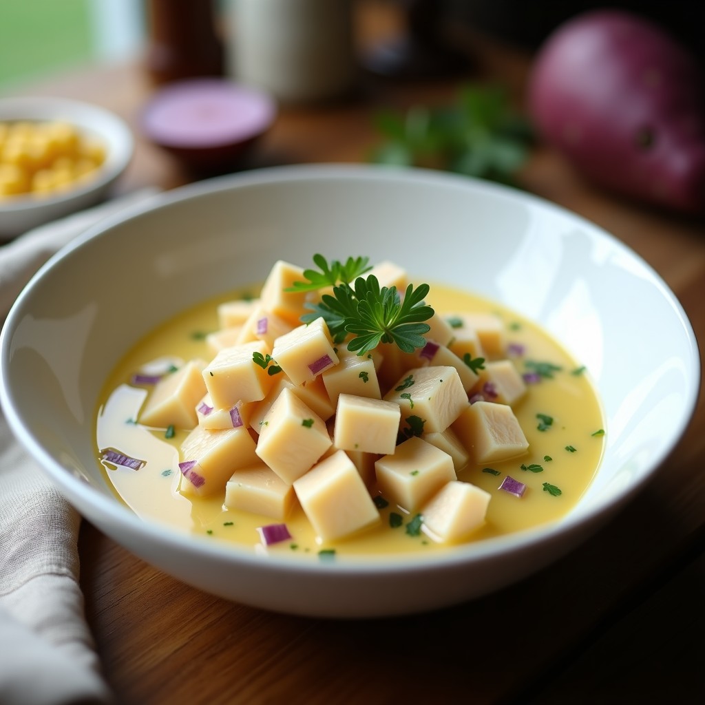 Plato hondo de cerámica blanca con cebiche de corvina en cubos, bañado en leche de tigre cremosa de color amarillo claro, acompañado de rodajas de camote morado, granos de choclo y hojas de cilantro fresco.