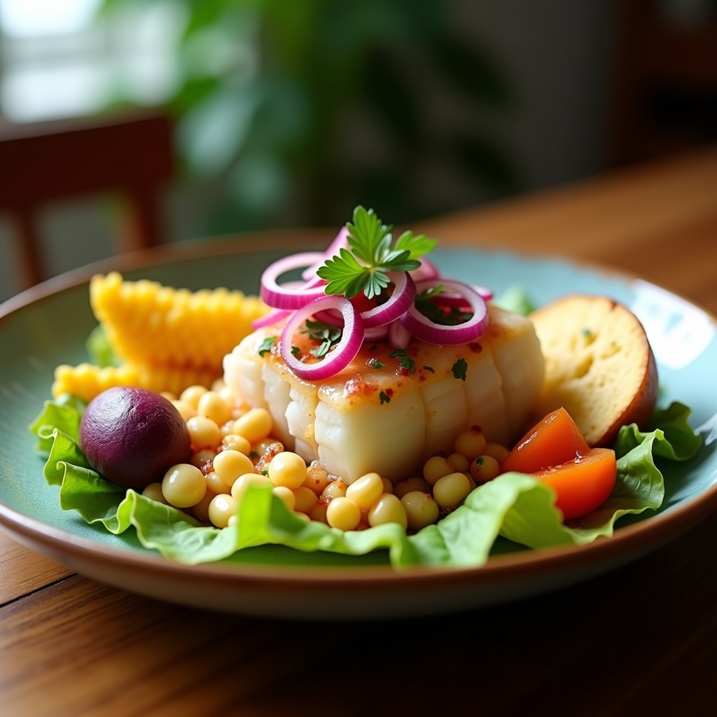 Plato de cebiche de corvina con trozos de pescado blanco marinado en leche de tigre, acompañado de camote morado, choclo, cebolla roja y cancha serrana, sobre hojas de lechuga.