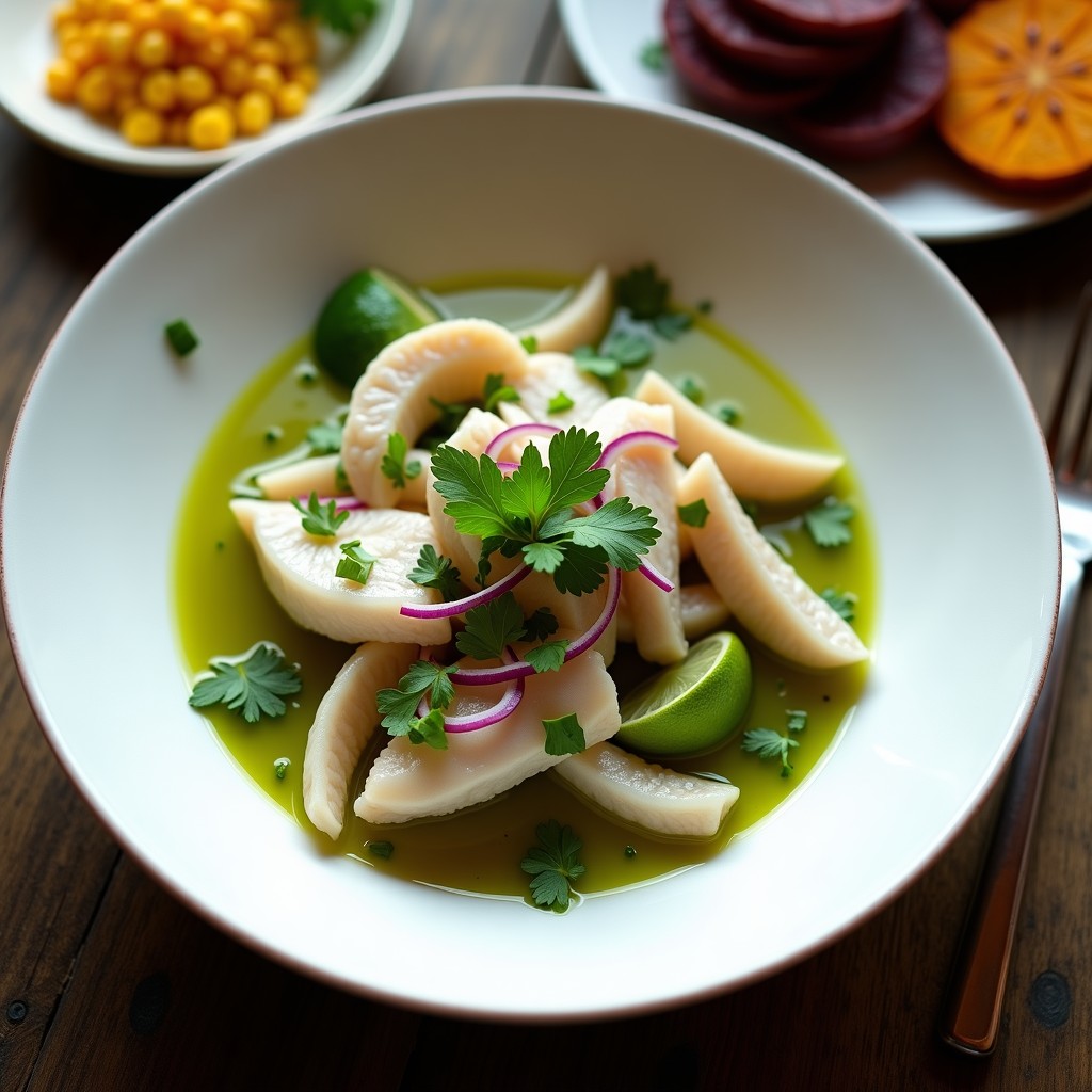 Plato hondo de cerámica blanca con cebiche de corvina desmenuzada en jugo de limón verde, acompañado de rodajas de camote morado y maíz cancha serrano, decorado con culantro fresco, receta airfryer.