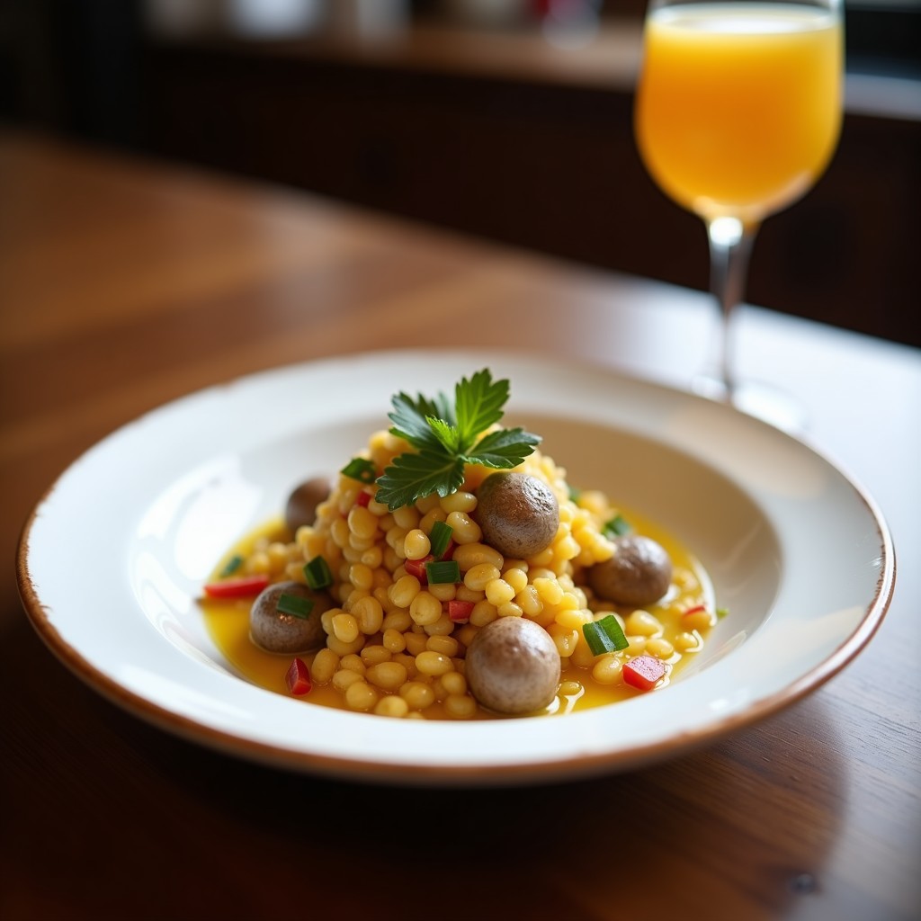 Plato de cebiche vegano con láminas de hongos oyster marinados en leche de tigre de maracuyá, servido sobre hojas de lechuga morada y acompañado de maíz tostado.