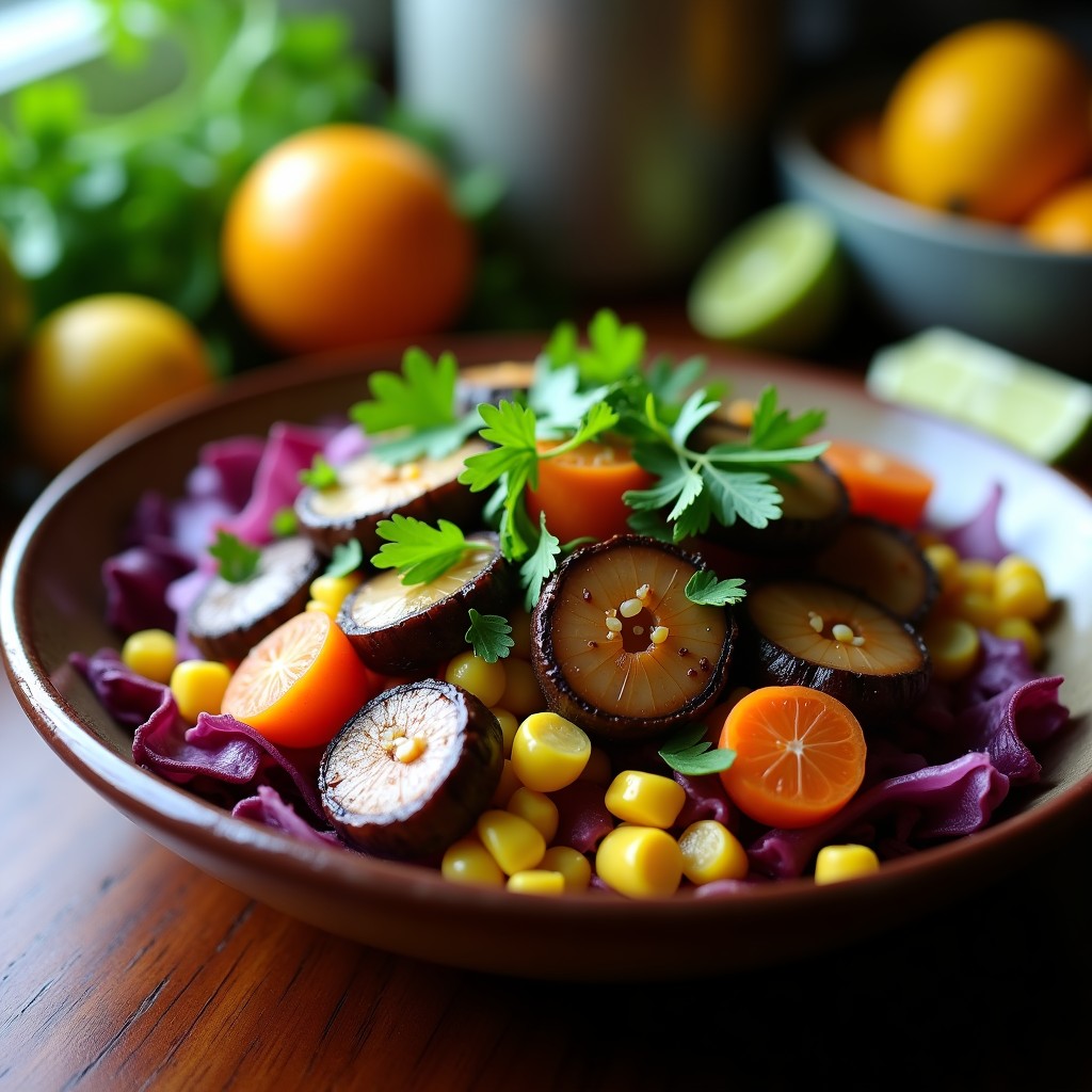 Plato de cebiche vegano con hongos portobello marinados en cítricos, cebolla morada, ají limo y cilantro, acompañado de camote morado y maíz tierno sobre hojas de lechuga.