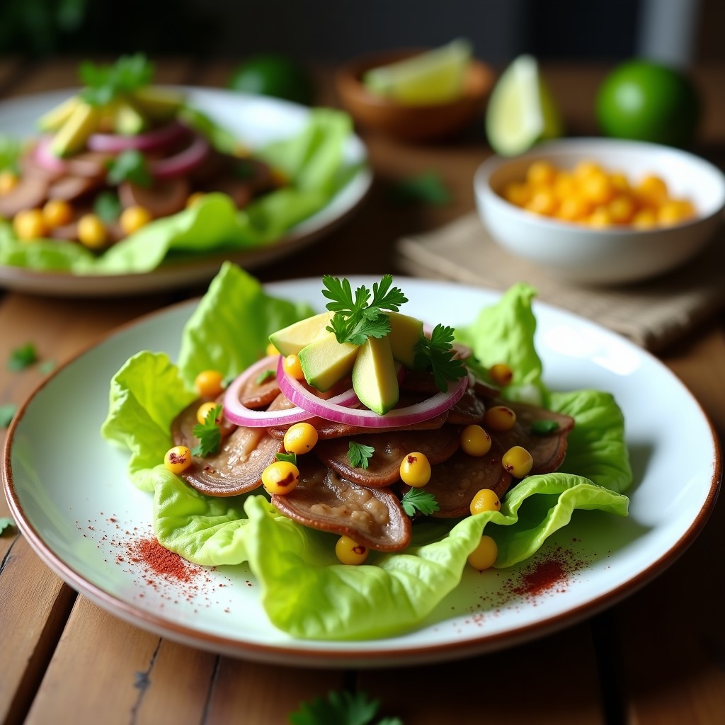 Plato de cebiche vegano de hongos portobello en láminas marinados en jugo de limón verde, con cebolla morada, cilantro, aguacate y maíz tostado, servido sobre hojas de lechuga.