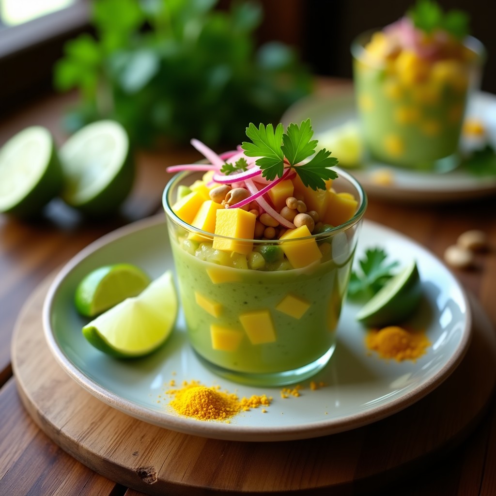Copa de cristal transparente con cebiche de mango verde, trozos de mango en juliana bañados en jugo de limón, cebolla roja, culantro y maní tostado espolvoreado, sobre fondo rústico de madera.