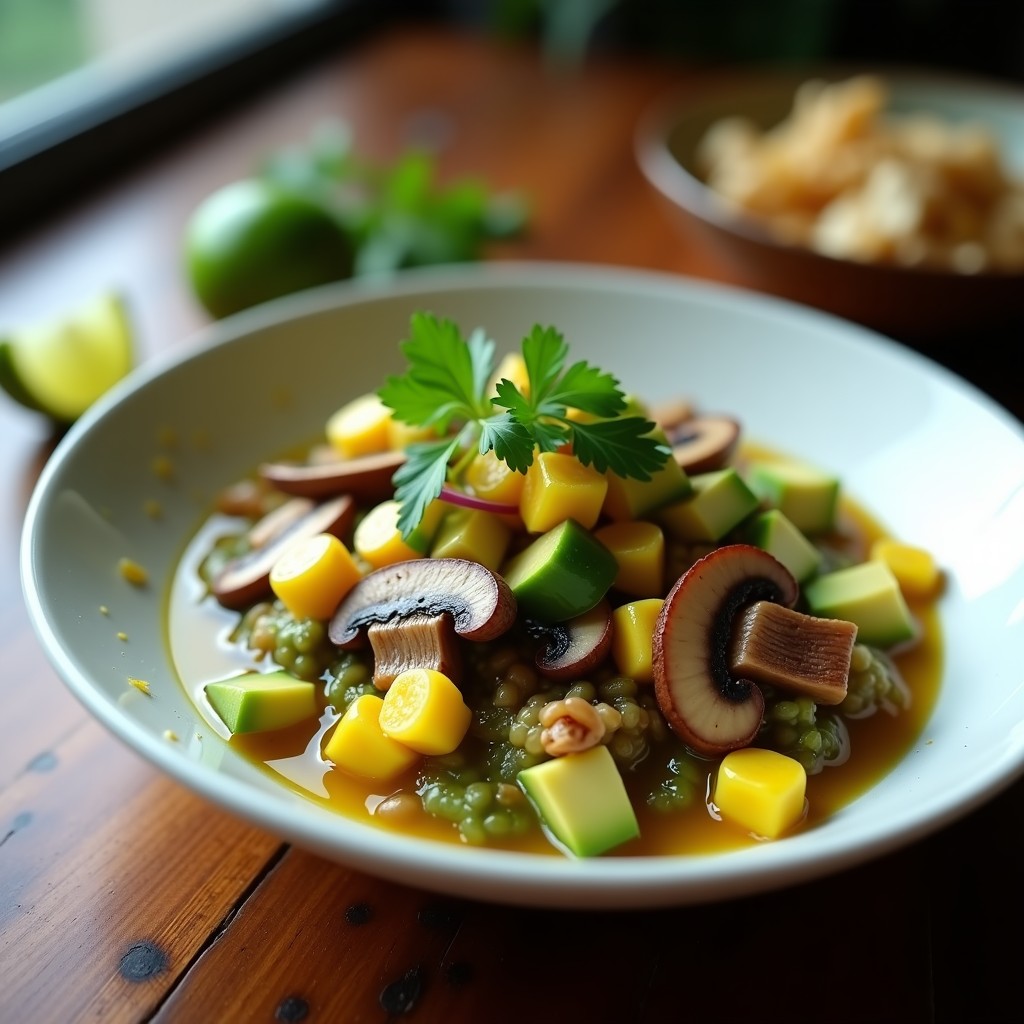 Plato de cebiche de hongos umami en bowl de cerámica blanca, con láminas de hongos portobello y shiitake marinados en leche de tigre vegana, aguacate en cubos, maíz tostado y cilantro fresco. Receta vegana en airfryer.