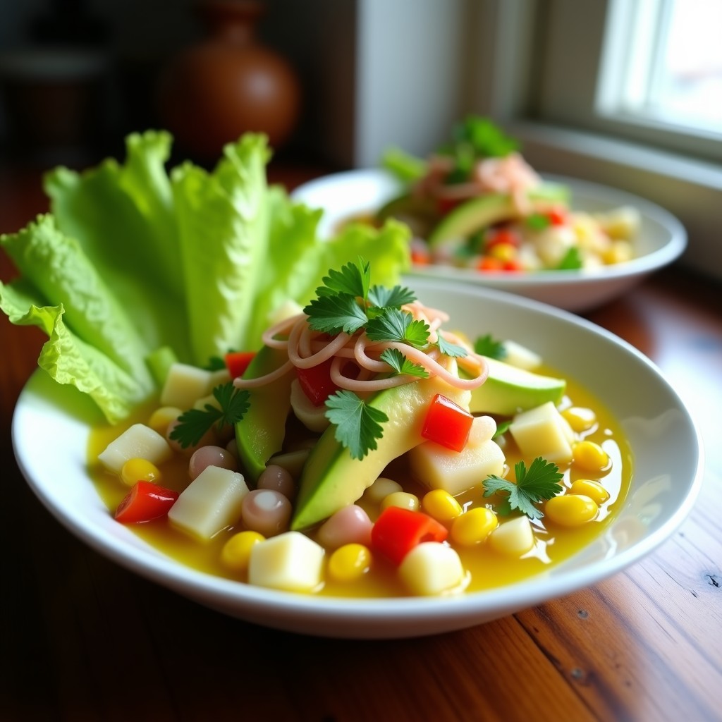 Plato blanco con cebiche de palmito vegano, rodajas de palmito marinadas en leche de tigre amarilla, aguacate en cubos, maíz tierno y cilantro fresco, decorado con hojas de lechuga y ají amarillo.