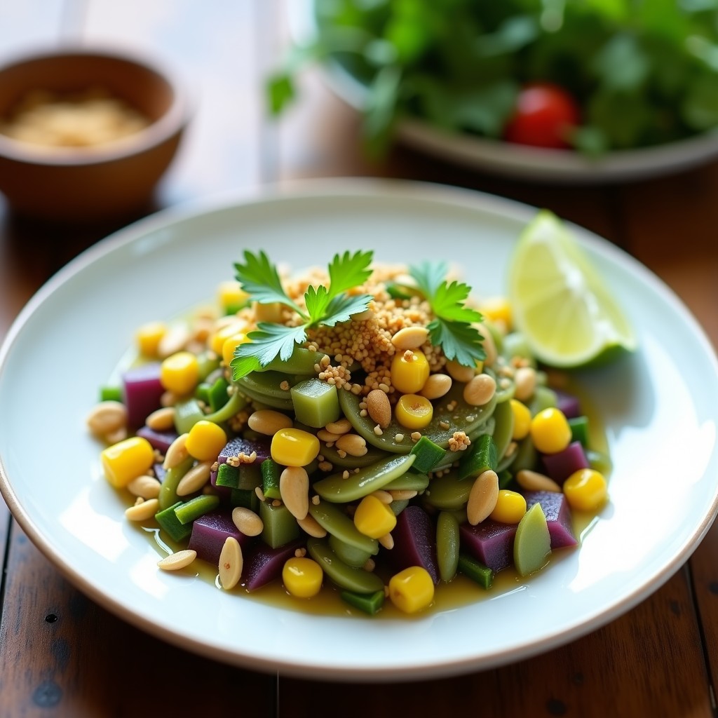 Plato colorido de cebiche de palmito verde con rodajas de palmito marinado en limón, cebolla morada, culantro, camote morado y maíz tierno, espolvoreado con maní molido.